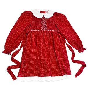 *Vintage* Polly Flinders Smocked Red Floral Print Dress with White Collar